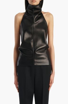 Khaite Rone Funnel Neck Leather Halter Top in Black at Nordstrom, Size 6