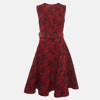 Carolina Herrera Red Embossed Floral Print Belted Mini Dress