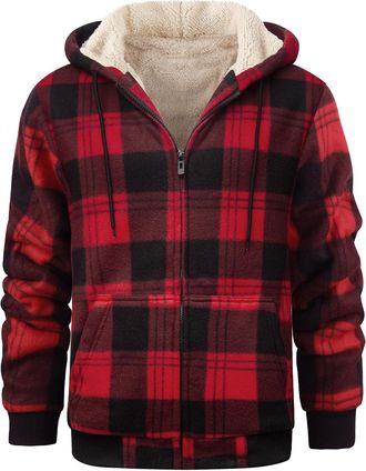 Generic Mens Hoodies Fleece Jacket Full Zip Fleece Lined Sherpa Sweatshirt Plaid Flannel Warm Winter Coat with Hood Winter Flannel Shirt Warm Thick Coat with 