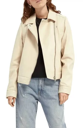 Scotch & Soda Leather Moto Jacket In Ecru