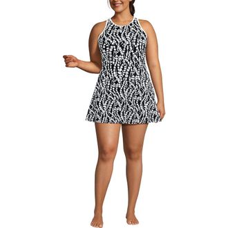 Lands End Chlorine Resistant Tugless High Neck Swim Dress One Piece Swimsuit in Black/white Vine Floral at Nordstrom, Size 20W
