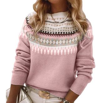 Generic Norwegian Sweater Women, Womens Knitted Print Retro Sweater Crewneck Long Sleeve, Autumn and Winter Casual Jacquard Sweater (K,XXL)