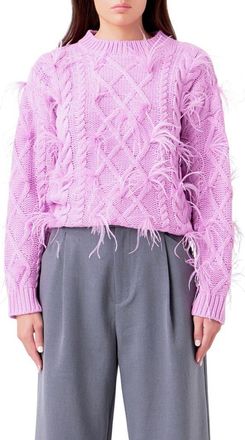 endless rose Feather Trim Cable Knit Sweater in Lilac at Nordstrom, Size Large