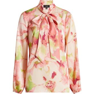 Tahari by ASL Floral Bow Neck Charmeuse Top in Peach Watercolor at Nordstrom, Size Medium P