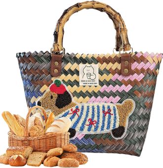 Generic Straw Beach Bag | Dachshund Beach Straw Bag - Handmade Woven Basket Handbag for Picnic Work Resort Birthday Outdoor Dates Vacation Commutes Daily Wedd