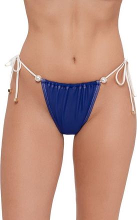 Steve Madden Ruched Faux Pearl Tanga Bikini Bottoms in Midnight at Nordstrom, Size X-Small