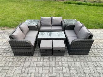 Fimous Outdoor Garden Furniture Sets 8 Pieces Wicker Rattan Furniture Sofa Sets with Rectangular Coffee Table Love seat Sofa 2 Small Footstools