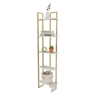 Dmora Dmora - Estante Para Libros Alnair, Estante De Oficina, Porta Libros M&oacute;vil, Biblioteca, 45x22h180 Cm, Blanco Y Oro, Con Embalaje Reforzado