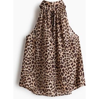 H&M Scarf-collar Chiffon Top in Light Beige/leopard Print at Nordstrom, Size Xx-Large