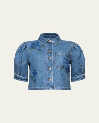 Cinq &agrave; Sept Cropped Heatset Roses Denim Jacket