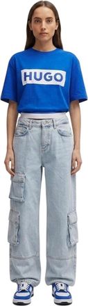 HUGO BOSS Unisex T-shirt met dooslogo voor volwassenen (Blauw)