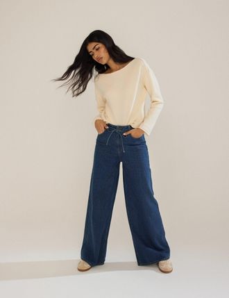 Nobody's Child Dark Blue High Rise Tie Waist Wide Leg Jeans