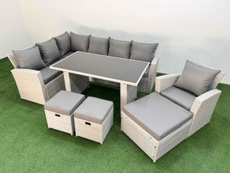 Fimous 10 Seater Wicker Rattan Corner Sofa Sets with 3 Footstools Armchair in Light Grey