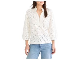 Nic+Zoe Petite Knit Eyelet Ruffle Neck Top Womens Clothing Paper White : PS, Cotton