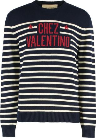 Valentino Garavani Truien & Vesten, Heren, Blauw, L, Wol, Gebreide Crew-Neck Wollen Trui