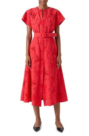 Akris Floral Eyelet Embroidered Belted Cotton Poplin Dress at Nordstrom, Size 10