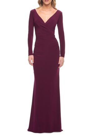 La Femme Long Sleeve Jersey Evening Dress with Ruching in Dark Berry at Nordstrom, Size 16