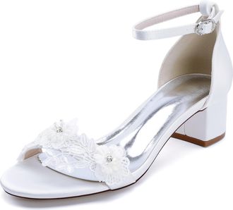 Generic Womens Elegant Bridal Chunky Heels Sandals Wedding Open Toe Satin Ankle Strap Wedding Evening Dress Pump 4.5Cm,White,10 UK