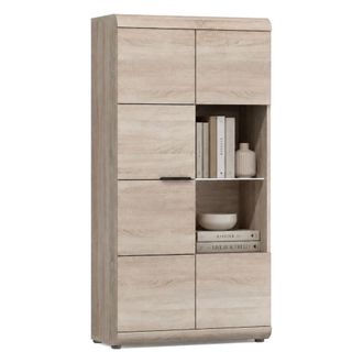 Dmora Vitrina Dmora, Mueble Expositor 6 Estantes, 2 Puertas, Con Led Esquinas Redondeadas, 80x37x158h Cm Roble Marr&oacute;n