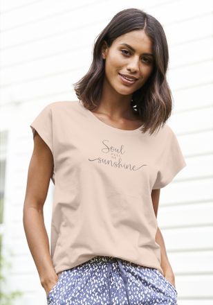 Vivance T-Shirt VIVANCE DREAMS, Damen, Gr. 32/34, rot (apricot), Single Jersey, Obermaterial: 50% Baumwolle, 50% Viskose, bedruckt, unifarben, loose fit h&uuml;ftl