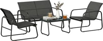 OUTSUNNY Conjunto Jard&iacute;n Exterior De 4 Piezas, Con Sof&aacute; De 2 Plazas, 2 Sillones, Mesa De Vidrio Templado, Tela Textilene, Estructura De Acero, Gris