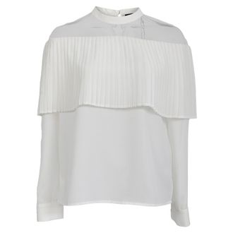 Maje Pleated Mesh Accent Long Sleeve Blouse in White Polyester