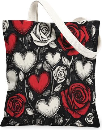 Generic Valentines Day Rose Floral Canvas Tote Bag for Shopping 13x15, Vintage Aesthetic Romantic Flower Reusable Grocery Print Bag for Women, Holiday Beach A