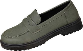 Generic Army Green Female Frosted British Style Loafers with Round Toe and Thick Heel for Fall Winter Comfortable and Thick Sole