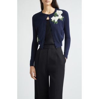 Carolina Herrera Rose Embroidered Appliqu&eacute; Silk & Cotton Crop Cardigan in Midnight at Nordstrom, Size X-Small