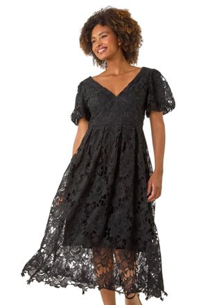 Roman Womens Crochet Lace V-Neck Midi Dress - Black - Size 10 UK