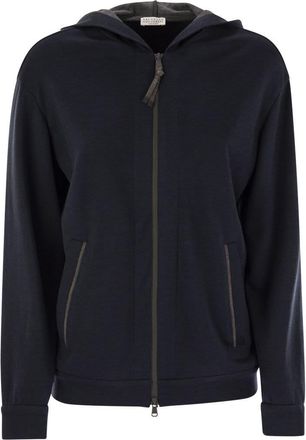 Brunello Cucinelli Brunello Cucinelli Womens Cotton And Silk Interlock Hooded Topwear With Precious Stripe - Dark Blue - Size X-Large