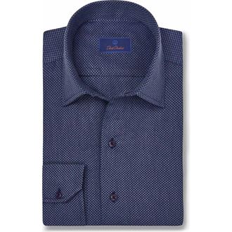 David Donahue Micro Dobby Dot Cotton Sport Shirt in Navy at Nordstrom Rack, Size Small