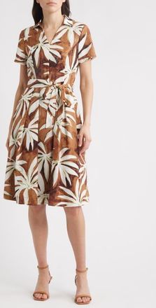 Tahari by ASL Palm Print Short Sleeve Shirtdress in Bark Palm at Nordstrom, Size 12
