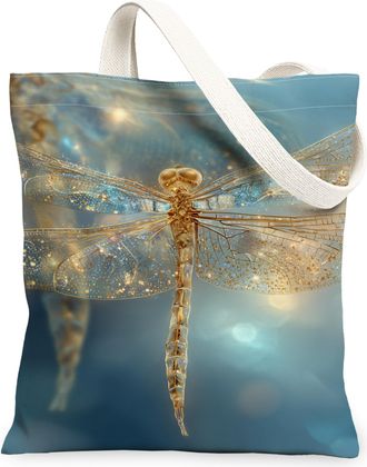 Generic Dragonfly Canvas Tote Bags, Insect Art Pattern Reusable Grocery Bags, Summer Vintage Lightweight Washable Shoulder Strap Ca, Blue, 13x15 Inch