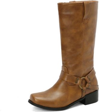 Generic Womens Vintage Mid-Calf Riding Boots, Slip-On with Metal Buckle for Fall-Winter,Brown,7.5 UK
