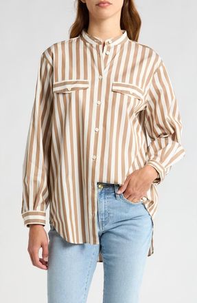 Frame Denim Stripe Pocket Button-Up Tunic Shirt in Mocha Multi at Nordstrom Rack, Size Small