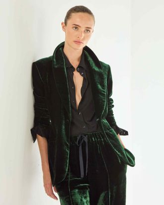Serena Bute Velvet Blazer - Dark Green