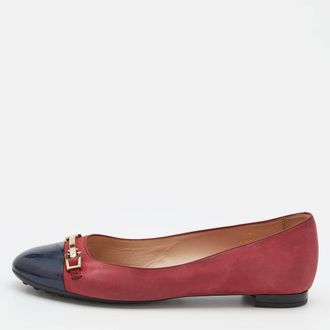 Tod's Tods Crimson Red/blue Leather And Patent Leather Cap Toe Buckle Ballet Flats
