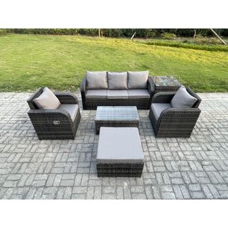 Fimous Outdoor Rattan Garden Furniture Set 6 Seater Patio Lounge Sofa Set with Reclining Chair Rectangular Coffee Table Big Footstool Side Table Dark Grey