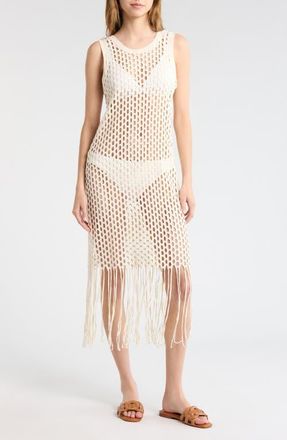 Nordstrom Fringe Open Stitch Cover-Up Dress in Natural at Nordstrom, Size X-Small