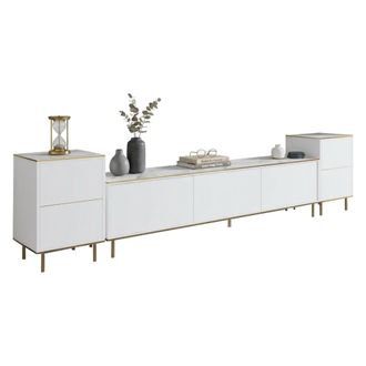 Dmora Mueble Para Tv Cortin, 2 Estantes, 5 Puertas, Con Acabados Dorados, 180x35x45h Cm Blanco