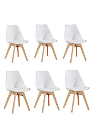 Life Interiors Set of 6 Tulip Dining Chairs Leather Padded Seat Solid Wood Legs in White
