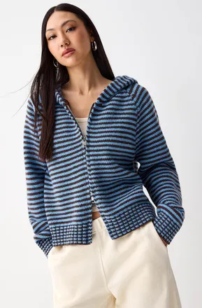 Twik Womens Striped zippered hooded Cardigan Sweater