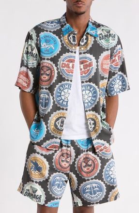 Criminal Damage Bottle Cap Button Front Shirt in Black Multi at Nordstrom, Size Xx-Large