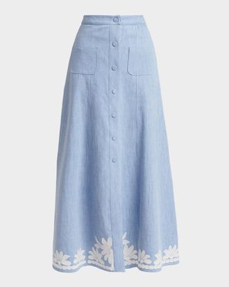 Valentino Garavani Embroidered Denim Button-Front Midi Skirt