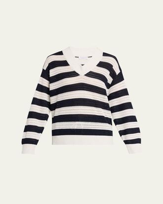 Brunello Cucinelli Sparkling Striped Cotton Net Knit V-Neck Sweater
