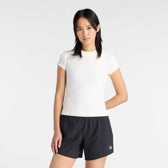 New Balance Womens Ribbed Fitted T-Shirt in White Poly Knit, size X-Large