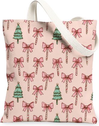 Generic Christmas Tree Canvas Tote Bags, Seasonal Floral Reusable Grocery Bags, Lightweight Washable Shoulder Strap for Travel Beach Picnic 13x15 Inch