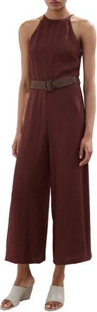 Mango Belted Sleeveless Crop Jumpsuit in Maroon at Nordstrom, Size Large