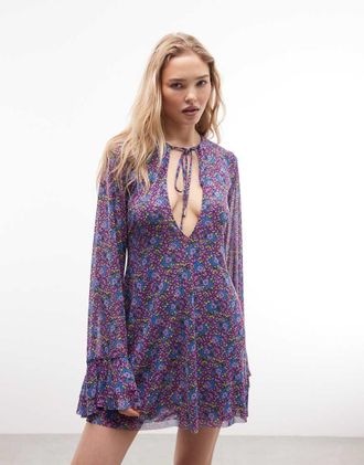 AFRM Kori - Vestito corto a maniche lunghe con volant a fiorellini r&eacute;tro-Viola